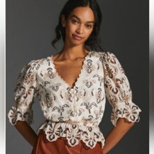 Anthropologie Cream and Brown Lace Blouse